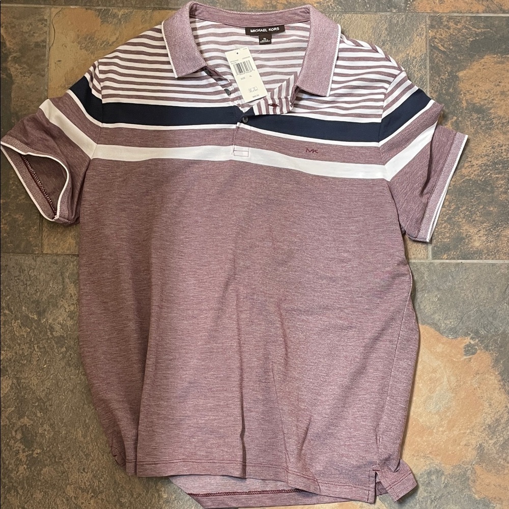 Michael Kors Men's Polo Shirt - Maroon, White, and Navy Stripes